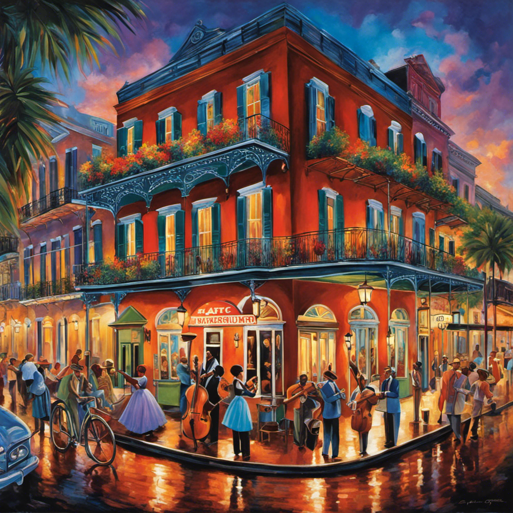 An image capturing the vibrant essence of New Orleans, with a steaming cup of coffee substitute at the forefront