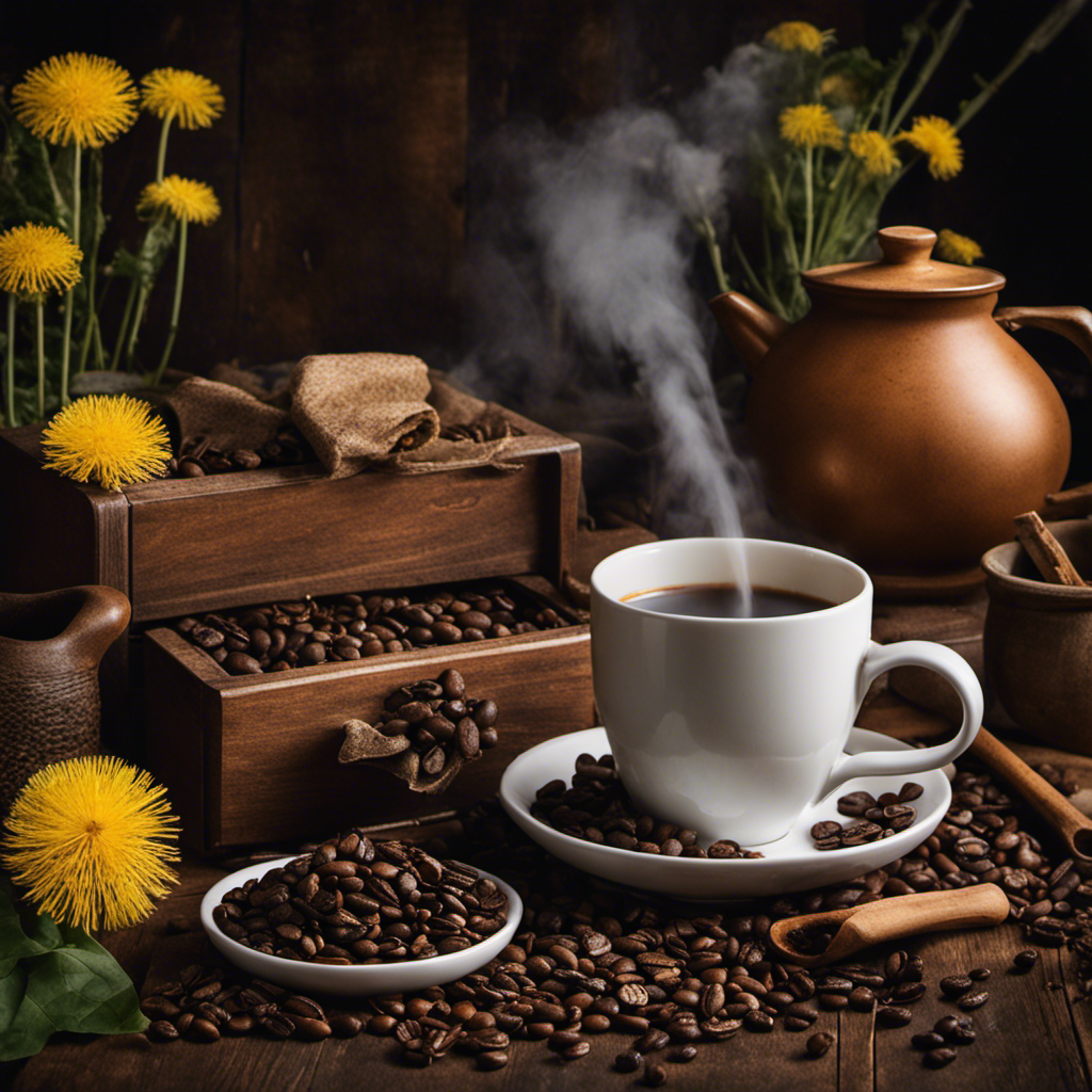 An image showcasing a cozy, rustic setting with a steaming cup of rich, dark liquid in hand