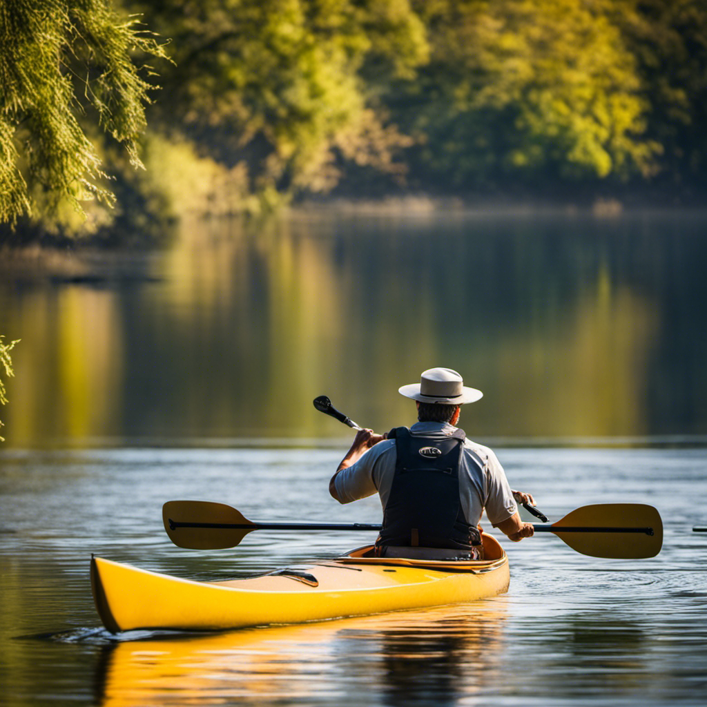 An image showcasing a calm, serene river scene with a skilled paddler demonstrating proper techniques: maintaining a stable body position, positioning the paddle correctly, and applying balanced strokes to prevent capsizing