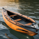 An image showcasing a sleek, compact canoe gliding effortlessly on calm waters, with a powerful trolling motor attached at the stern