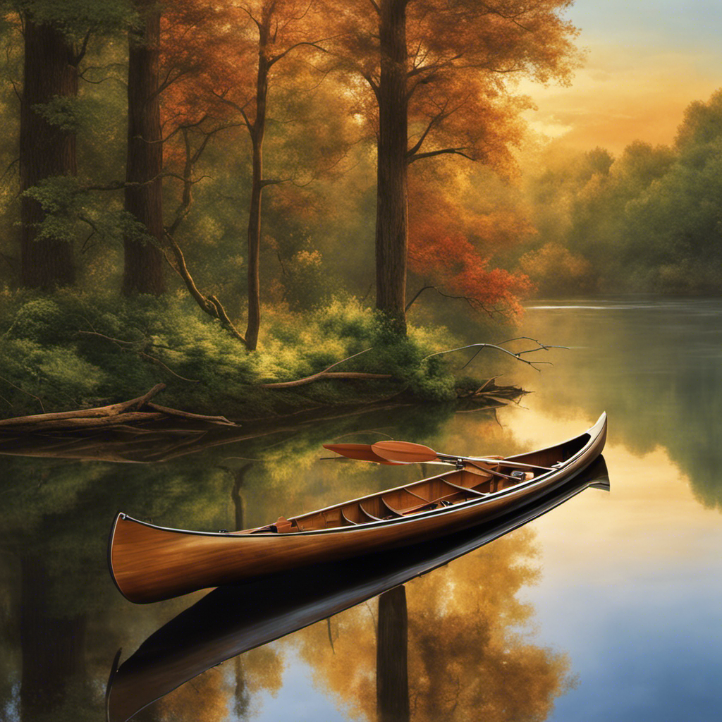 An image that showcases a serene river scene, with a sleek canoe gliding effortlessly on the water