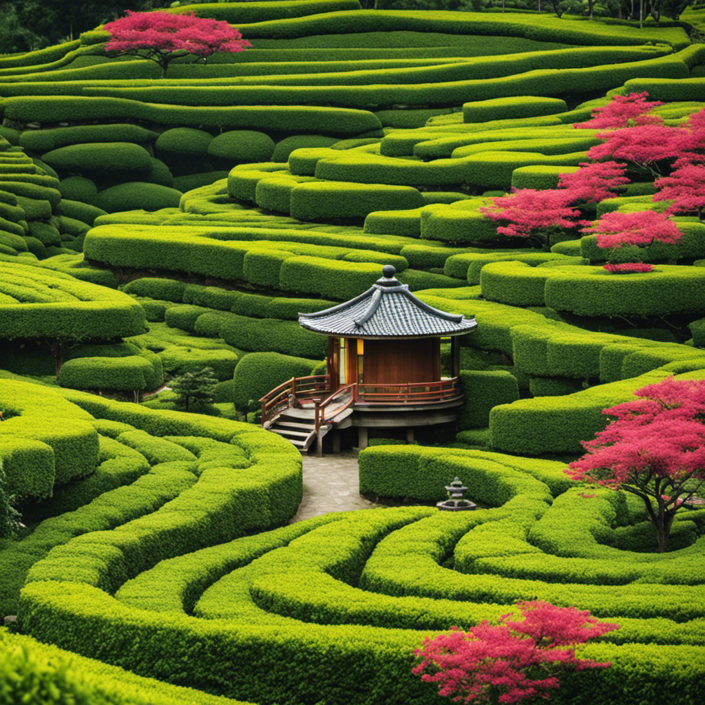 An image showcasing a serene tea garden, with a charming traditional tea house nestled amongst vibrant tea plants