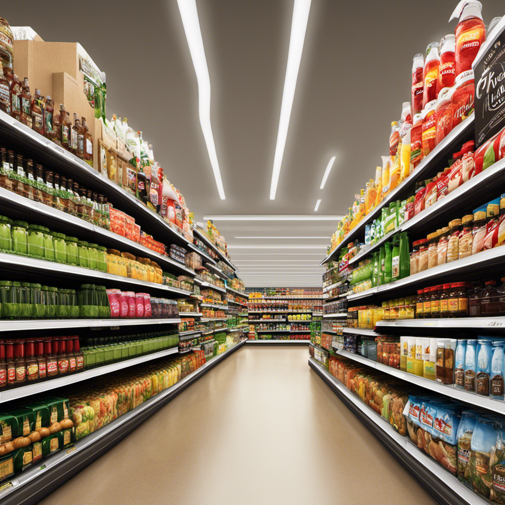 An image showcasing a bustling grocery store aisle, filled with neatly arranged shelves displaying an assortment of beverages