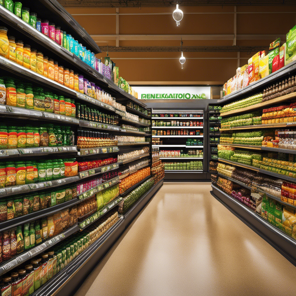 An image showcasing a vibrant supermarket aisle, filled with neatly arranged shelves brimming with a diverse selection of Yerba Mate brands and flavors