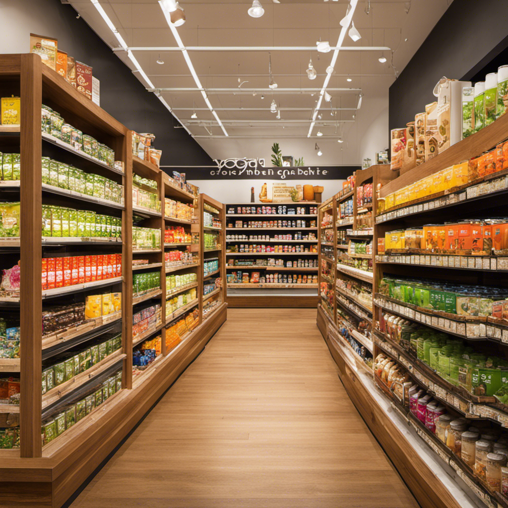 An image showcasing a serene, well-lit grocery aisle with neatly arranged shelves adorned with colorful boxes of Yogi Mother To Be Tea