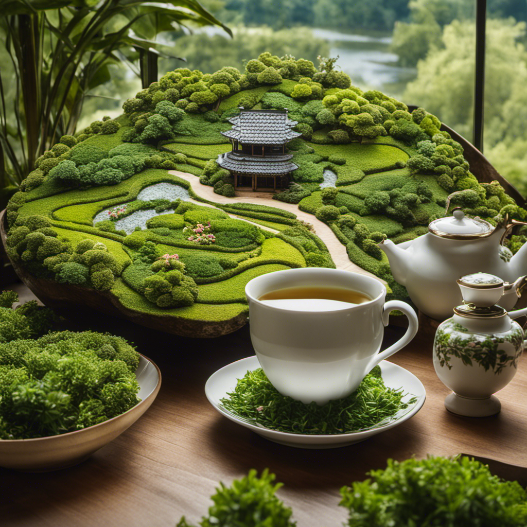 An image showcasing a serene tea garden with lush greenery, delicate teacups, and a variety of oolong tea leaves on display