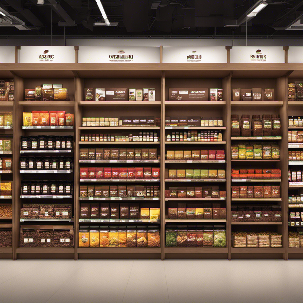 An image showcasing an inviting supermarket aisle adorned with neatly organized shelves, displaying a vast assortment of premium raw cacao products