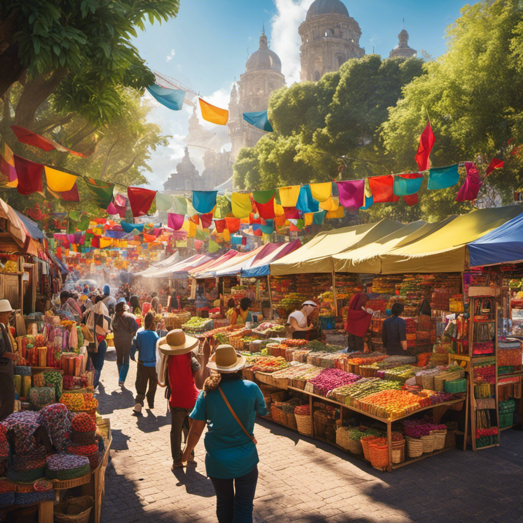 An image showcasing a vibrant, bustling marketplace filled with stalls adorned with colorful signs, displaying an array of Yerba Mate Tea products