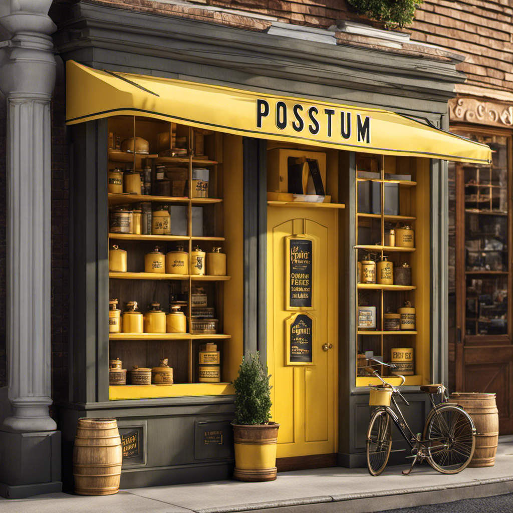 An image that showcases a vintage-inspired storefront, with a quaint wooden sign displaying the word "Postum