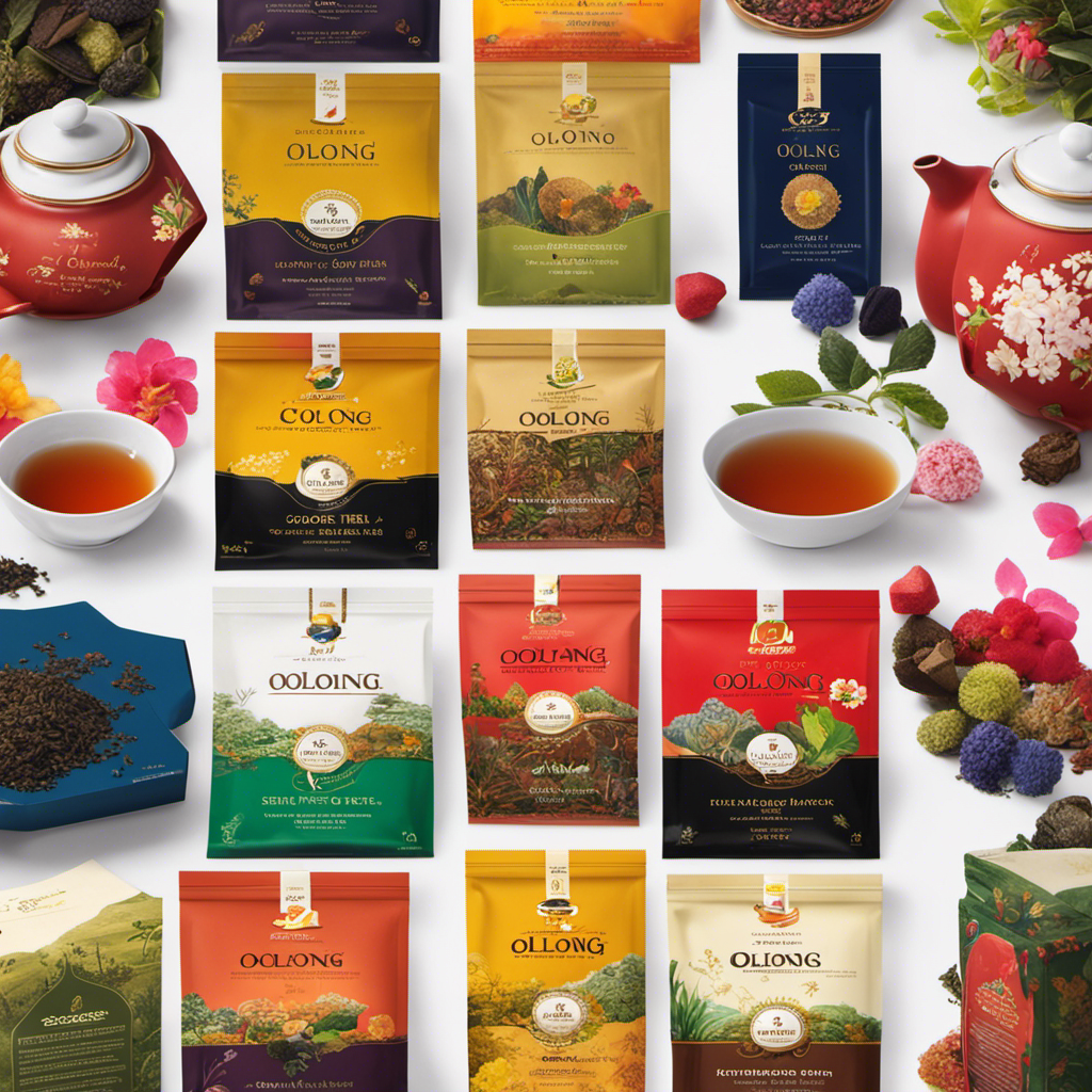 An image showcasing a variety of oolong tea brands, with neatly arranged tea bags in vibrant colors and distinct packaging