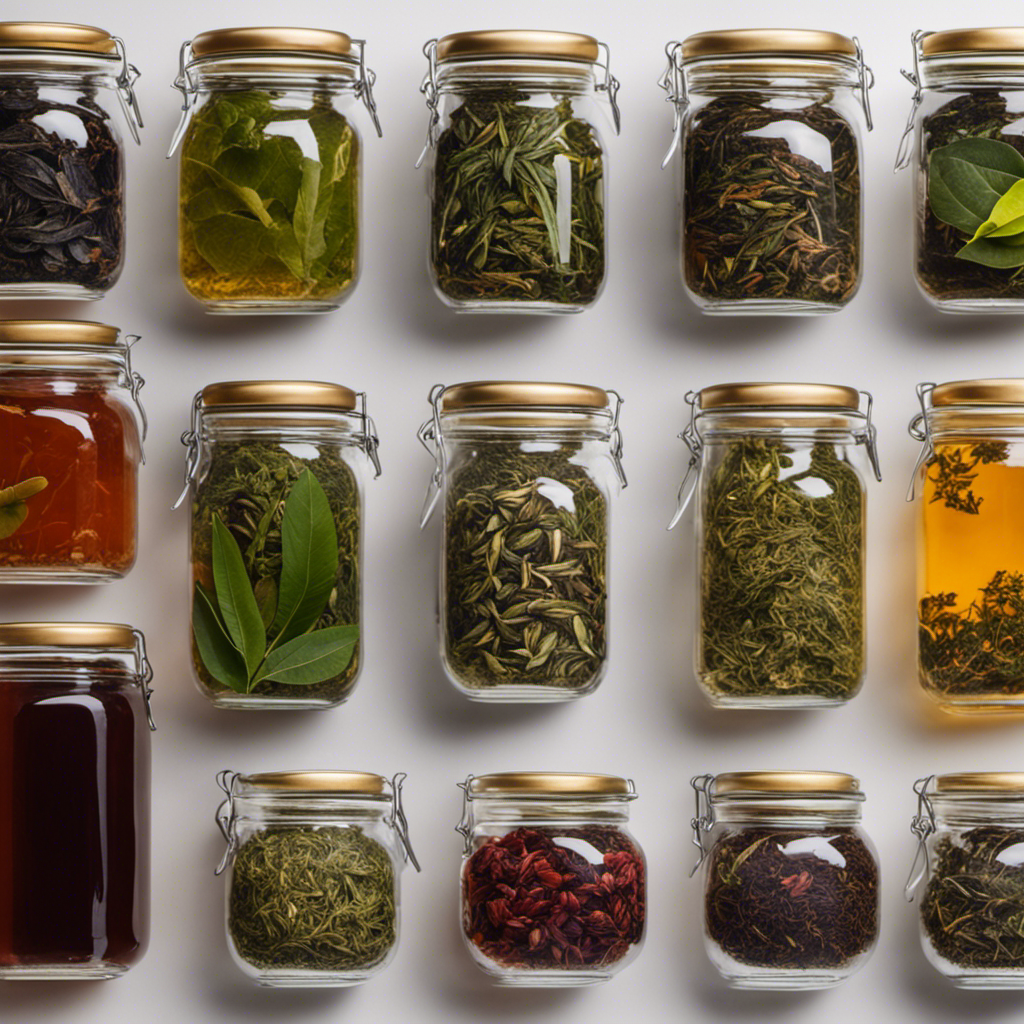 An image showcasing a variety of loose tea leaves, including black, green, and oolong, arranged neatly in separate glass jars