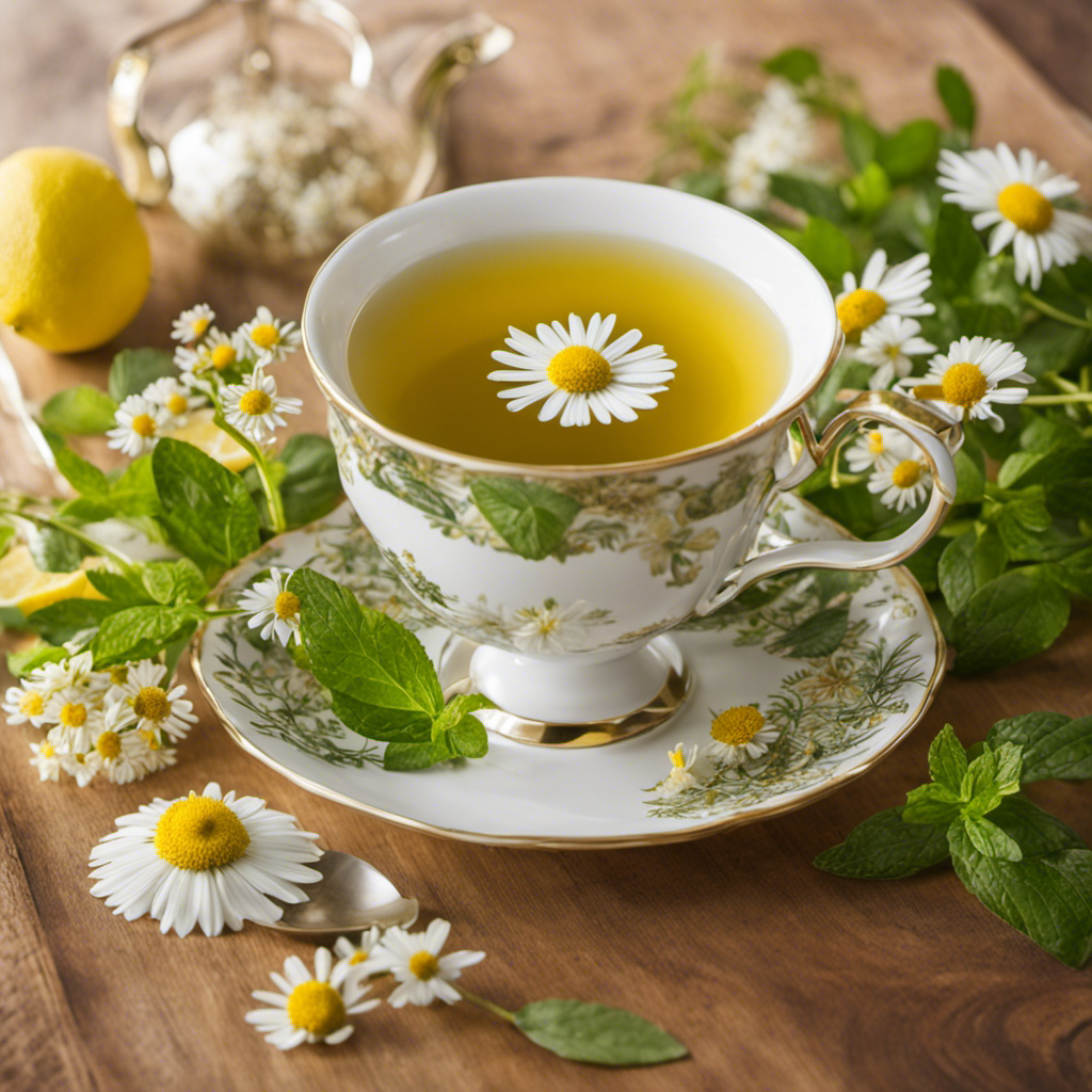 An image featuring a serene teacup filled with vibrant, aromatic Yerba Mate, elegantly paired with a delicate infusion of chamomile blossoms, fresh mint leaves, and zesty lemon slices