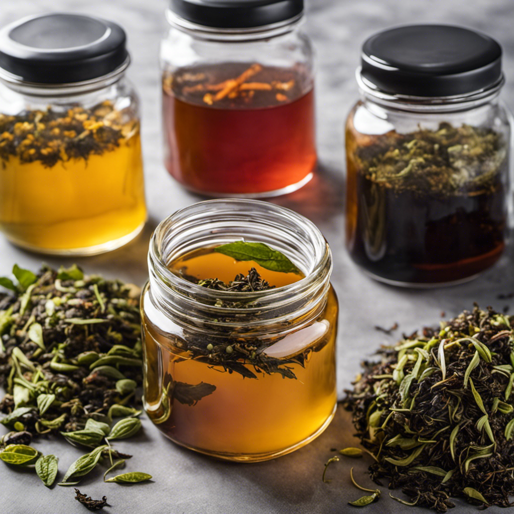 An image showcasing an assortment of vibrant tea leaves, such as black, green, and oolong, beautifully arranged around a glass jar filled with fermenting kombucha