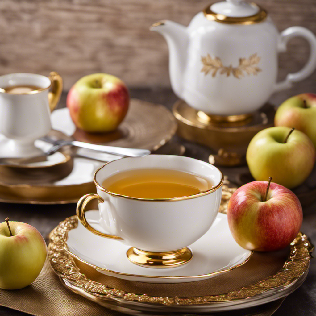 An image showcasing a dainty porcelain teacup filled with warm amber tea, delicately placed beside a golden-brown apple tart adorned with a sprinkle of cinnamon, emitting a tantalizing aroma