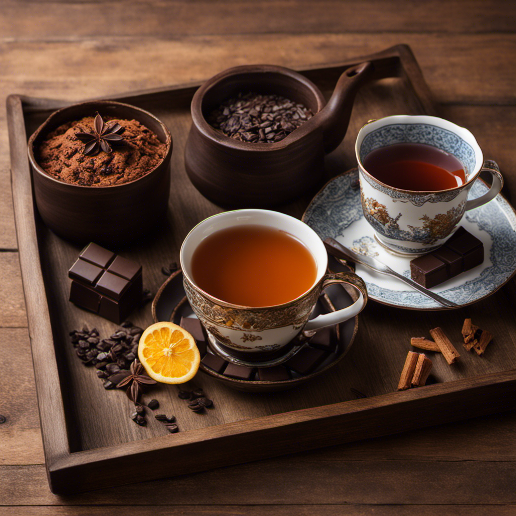 An image showcasing a rustic wooden tray adorned with a steaming cup of rich, dark chocolate brownie alongside a delicate porcelain teacup filled with amber-hued Assam tea, surrounded by fragrant tea leaves and cocoa nibs