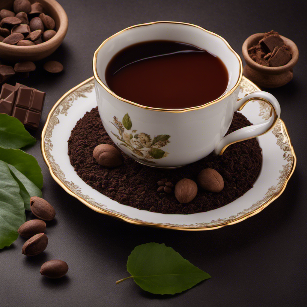 An image that showcases a delicate porcelain teacup filled with a velvety dark chocolate ganache tart, accompanied by a steaming cup of fragrant black tea steeping nearby, surrounded by lush cocoa beans and tea leaves