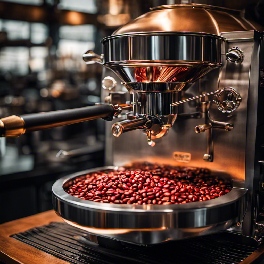 An image showcasing a close-up of a coffee roasting machine with glowing red beans, capturing the precise moment where the perfect roast emerges from the intense heat, ready to be savored