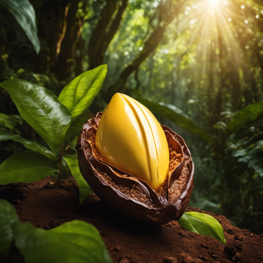 An image featuring a luscious cacao pod nestled in a tropical rainforest, with a vibrant, sun-soaked landscape