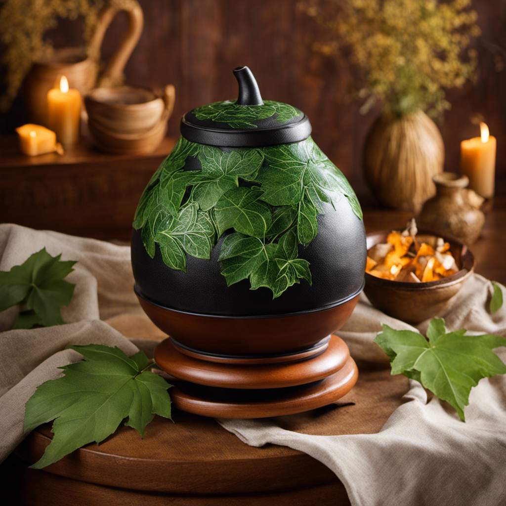 An image capturing a serene scene of a traditional gourd, filled with vibrant green yerba mate leaves, gently steeping in a clay pot over a bed of glowing embers, showcasing the perfect temperature for optimal flavor extraction