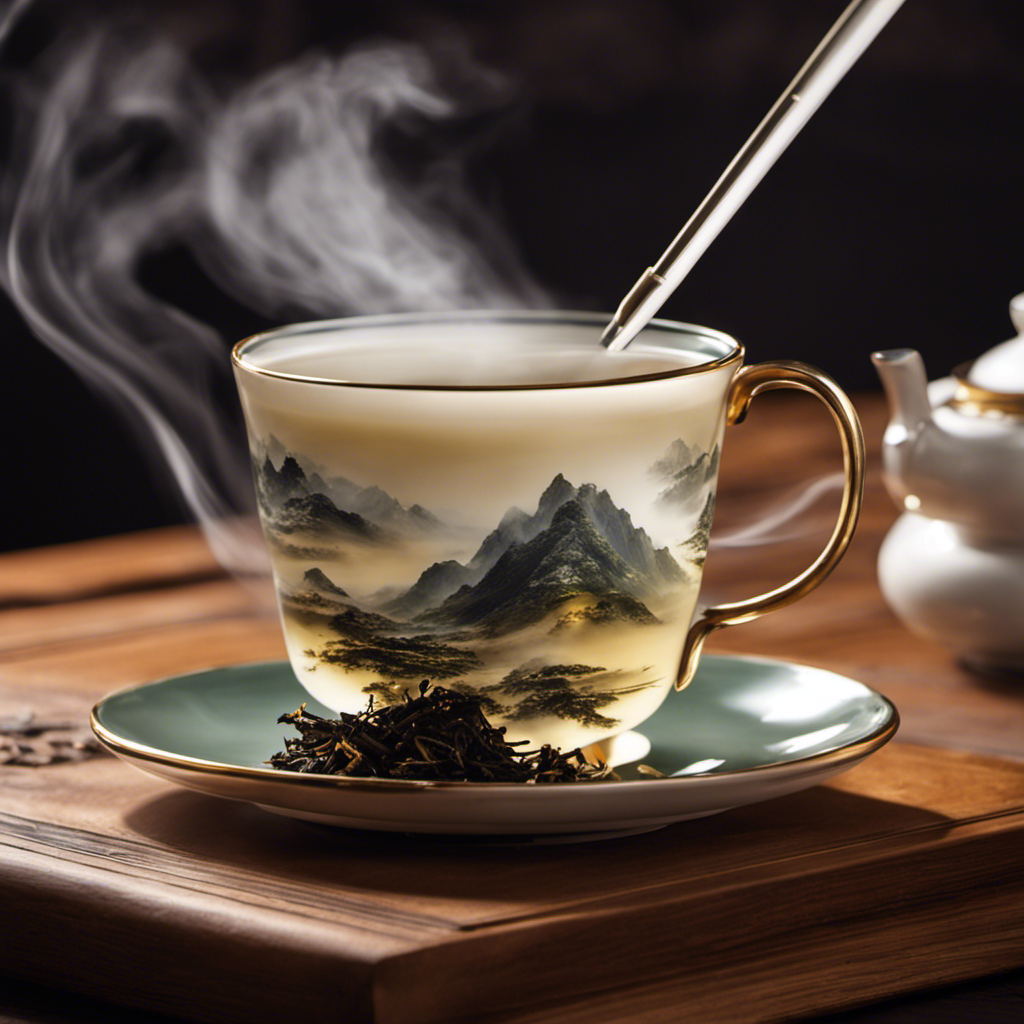 An image capturing the serene scene of a steaming cup of oolong tea, exuding delicate wisps of vapor, gently held by a hand