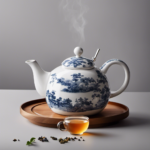 An image showcasing a delicate porcelain teapot with steam rising from its spout, surrounded by vibrant oolong tea leaves