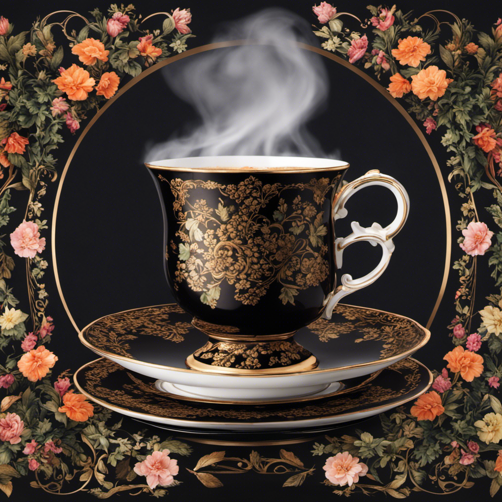 An image showcasing a steaming cup of Caffeine Postum, a rich, dark beverage with a smooth and comforting aroma, served in a vintage porcelain mug adorned with delicate floral patterns