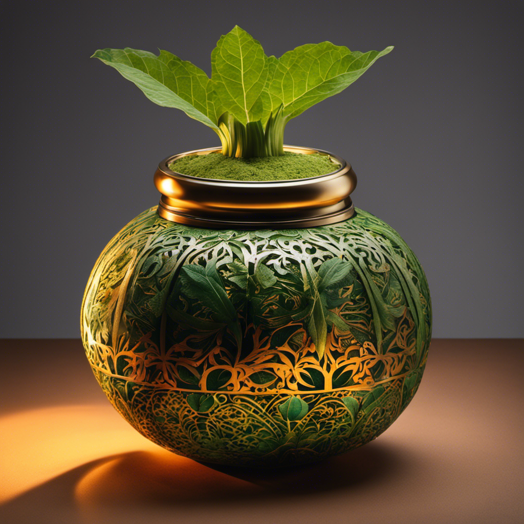 An image showcasing a traditional South American gourd filled with vibrant green Yerba Mate leaves, surrounded by the warm glow of sunlight, revealing intricate patterns of steam rising from the hot infusion
