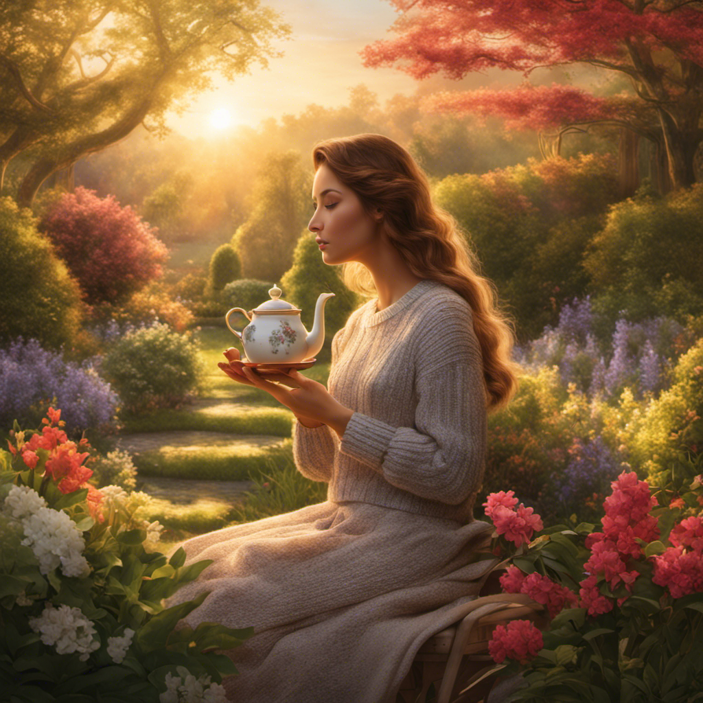 An image showcasing a serene, sunset-lit garden with a young woman in a cozy sweater cradling a steaming cup of oolong tea