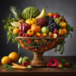 An image showcasing a vibrant bowl overflowing with a variety of scrumptious fruits and vegetables, adorned with chicory root fibers intricately woven into a beautiful edible masterpiece
