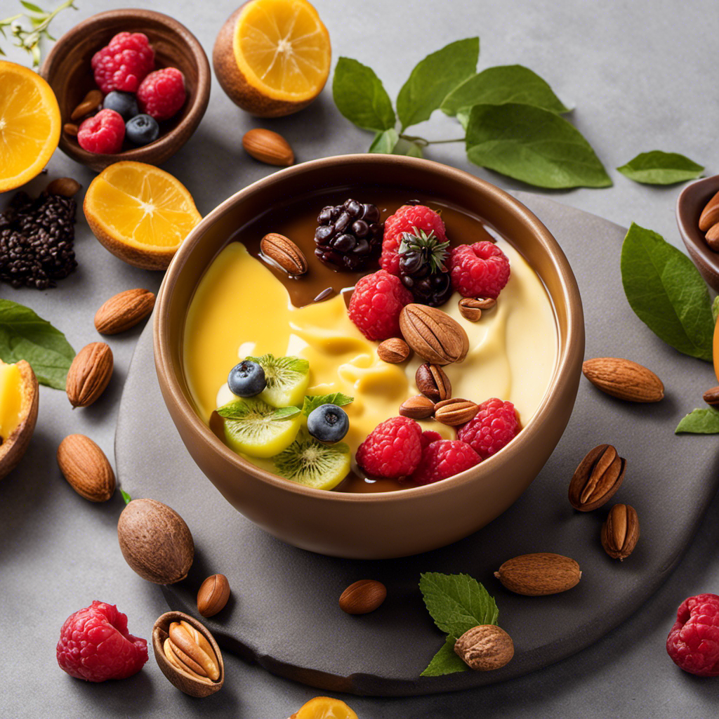 An image showcasing a luscious, velvety bowl of melted raw cacao butter, surrounded by vibrant fruits, nuts, and aromatic herbs
