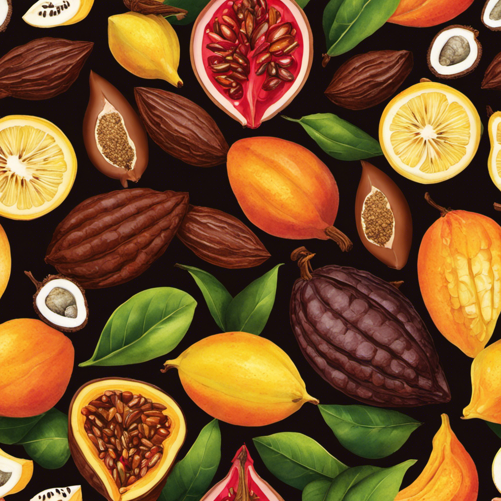An image showcasing the vibrant hues of raw cacao fruit, split open to reveal its luscious pulp and seeds