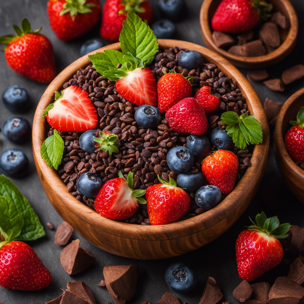 An image showcasing a rustic wooden bowl filled with raw cacao nibs, surrounded by vibrant fruits like ripe strawberries, juicy blueberries, and tangy raspberries