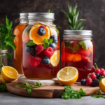 An image showcasing a glass jar filled with vibrant kombucha starter tea, surrounded by an array of fresh fruits and herbs, inviting readers to explore unique recipes and creative uses for their leftover kombucha starter
