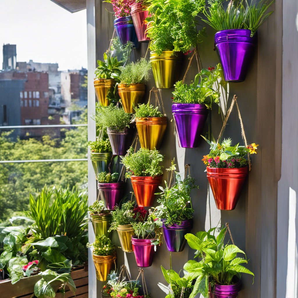 An image showcasing a bright, sunlit balcony adorned with vibrant plants in an array of repurposed Yerba Mate bottles, ingeniously transformed into charming hanging planters