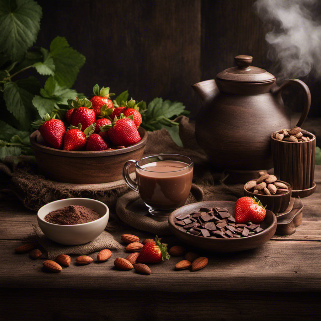 An image showcasing a cozy scene with a rustic wooden table adorned with a steaming cup of raw cacao paired with a bowl of ripe strawberries, a plate of dark chocolate, and a glass of almond milk
