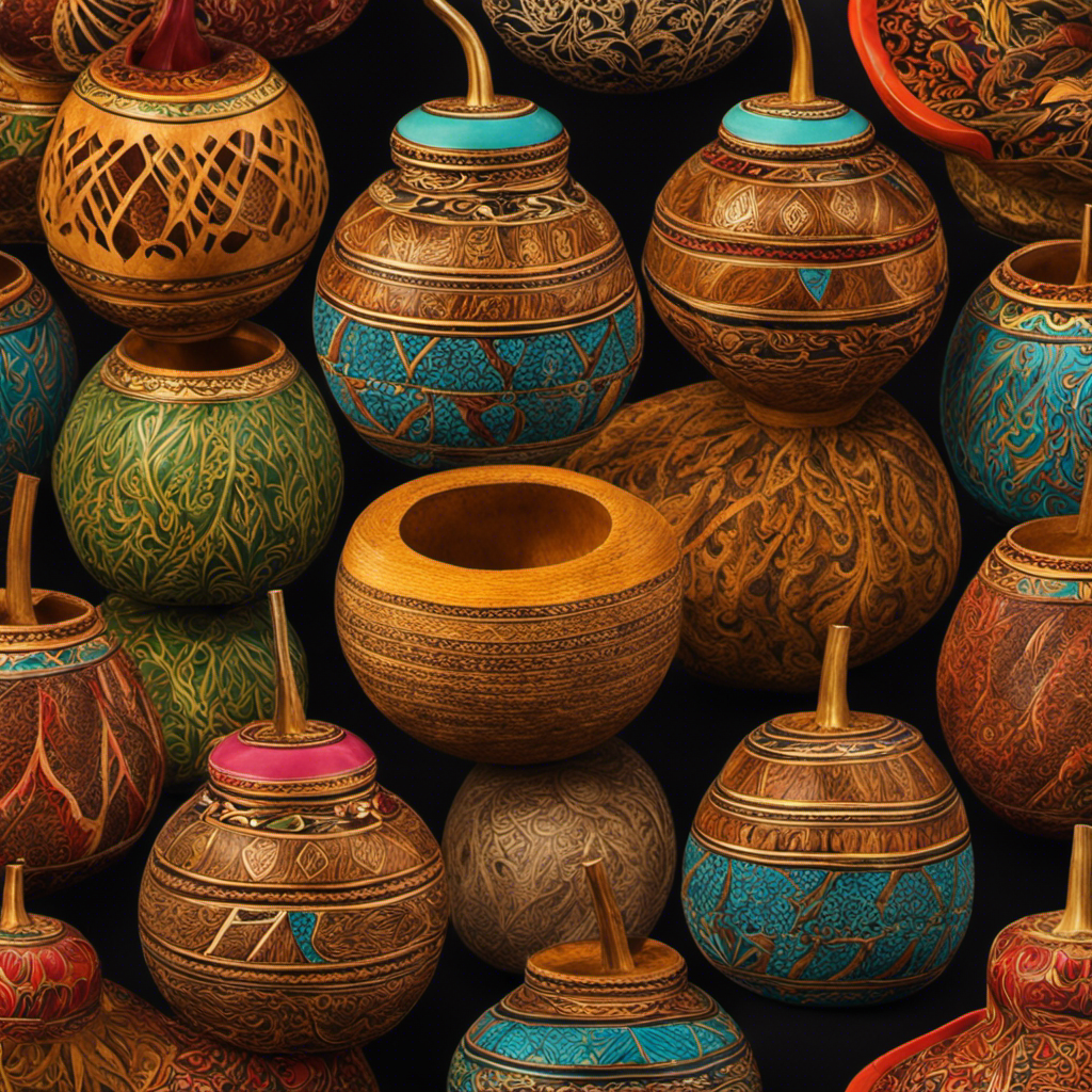 An image showcasing a vibrant, wooden mate gourd adorned with intricate carvings, filled with aromatic yerba mate leaves