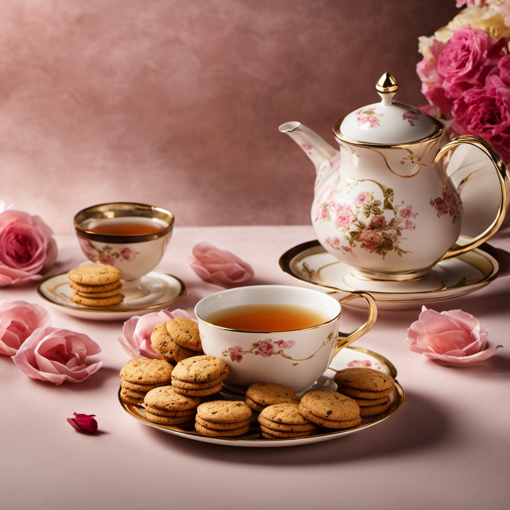 An image featuring a steaming cup of fragrant oolong tea, adorned with delicate rose petals and accompanied by a plate of golden-brown oolong-infused cookies, emitting a tantalizing aroma that invites indulgence