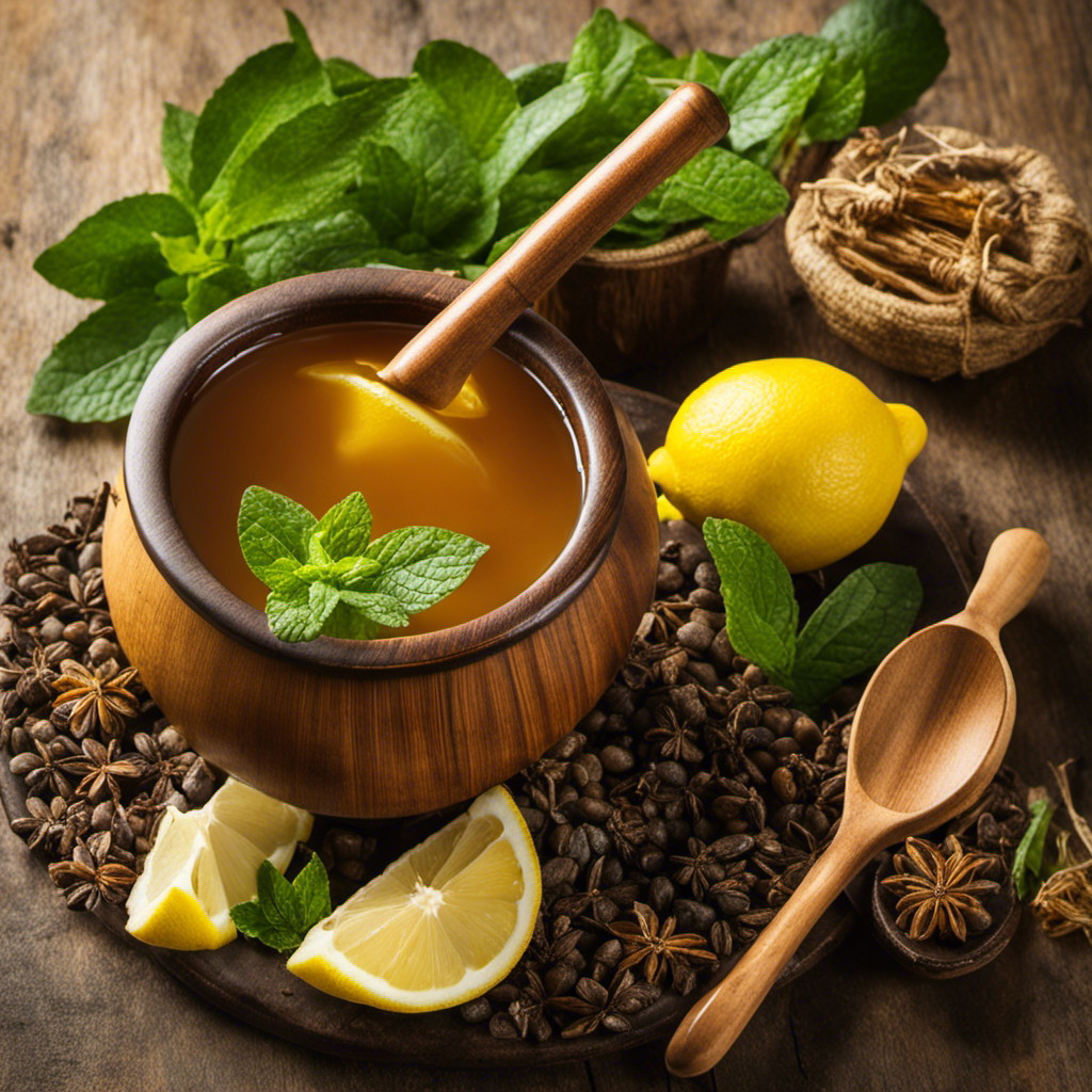 An image showcasing a steaming cup of warm yerba mate surrounded by delicate lemon slices, fragrant mint leaves, and a rustic wooden spoon stirring in a spoonful of honey