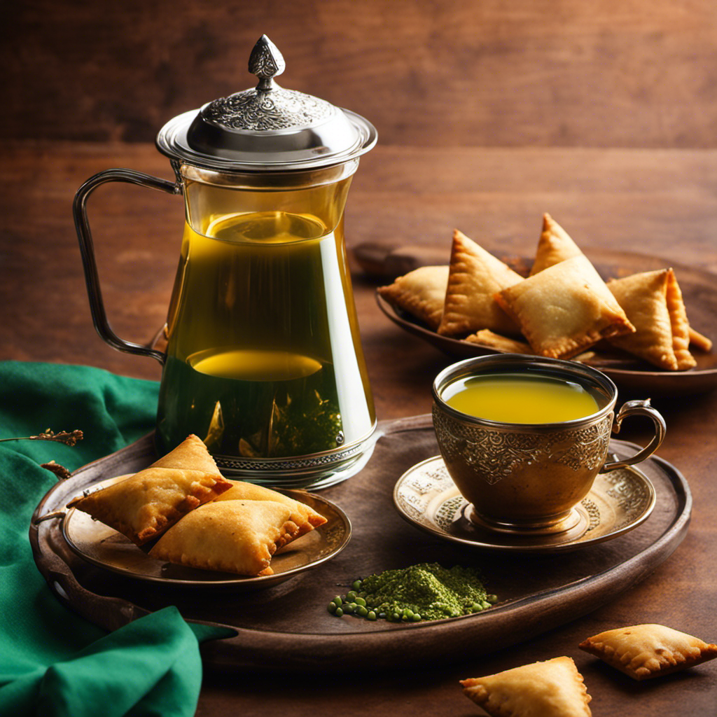 An image showcasing a steaming cup of aromatic fenugreek tea alongside a plate of delectable spicy Indian samosas, glistening with oil, flaky crusts filled with flavorful potato and pea stuffing