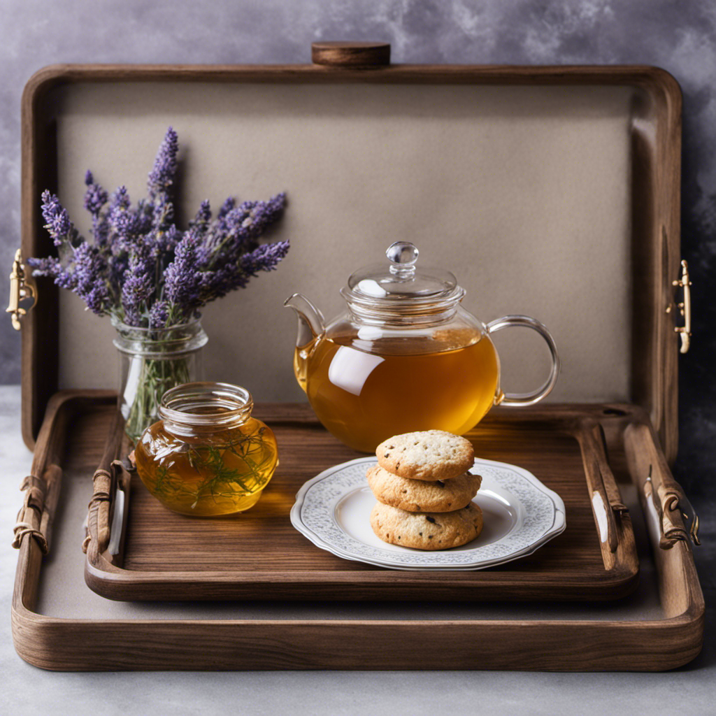 An image showcasing a serene wooden tray with an exquisite glass teapot filled with steaming mugwort tea
