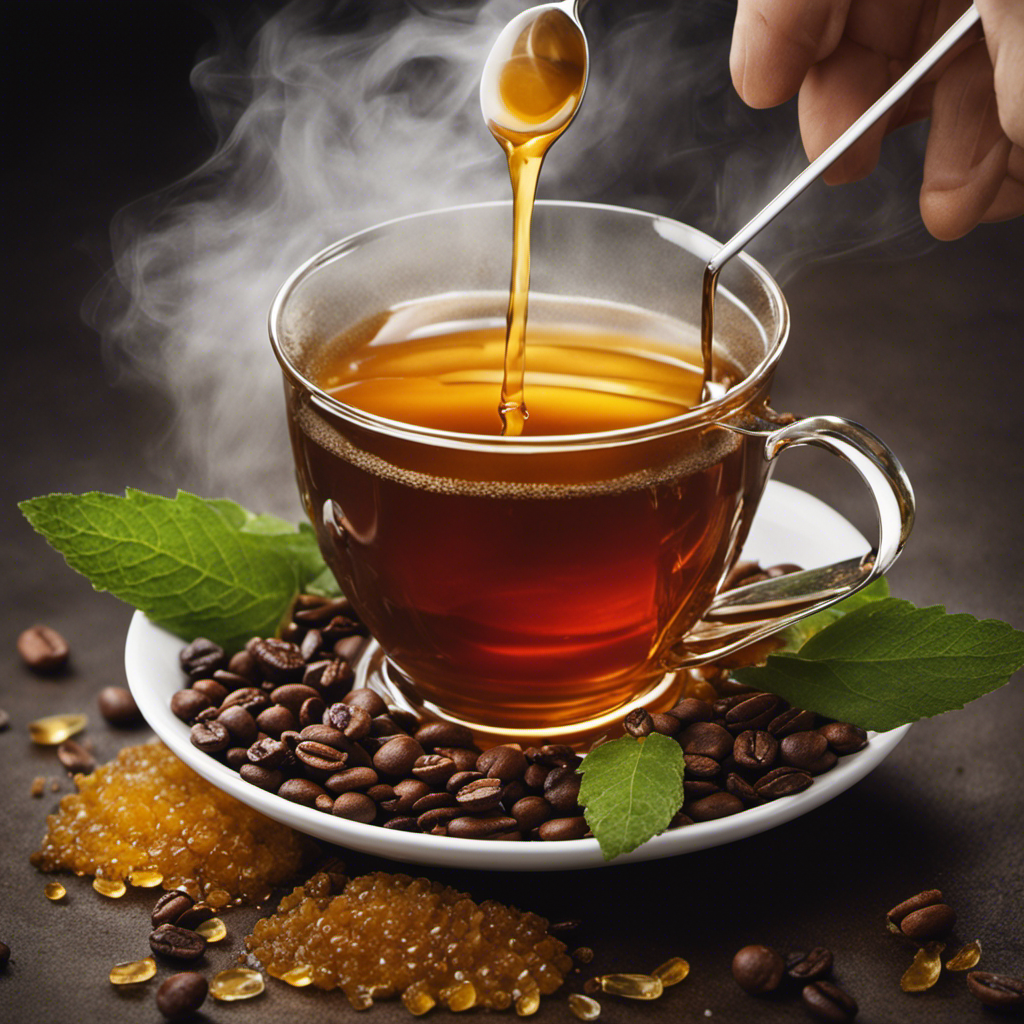 An image showcasing a steaming cup of coffee with a spoonful of honey slowly dissolving into it, surrounded by a pile of natural sweeteners like stevia leaves, agave syrup, and maple syrup