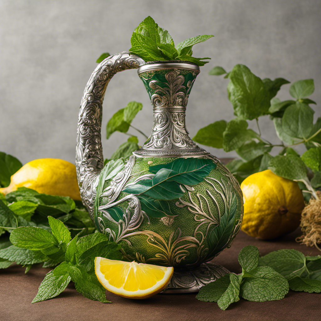 An image showcasing a traditional gourd filled to the brim with vibrant green yerba mate leaves, complemented by a delicate silver bombilla, a slice of zesty lemon, and a sprinkle of refreshing mint leaves