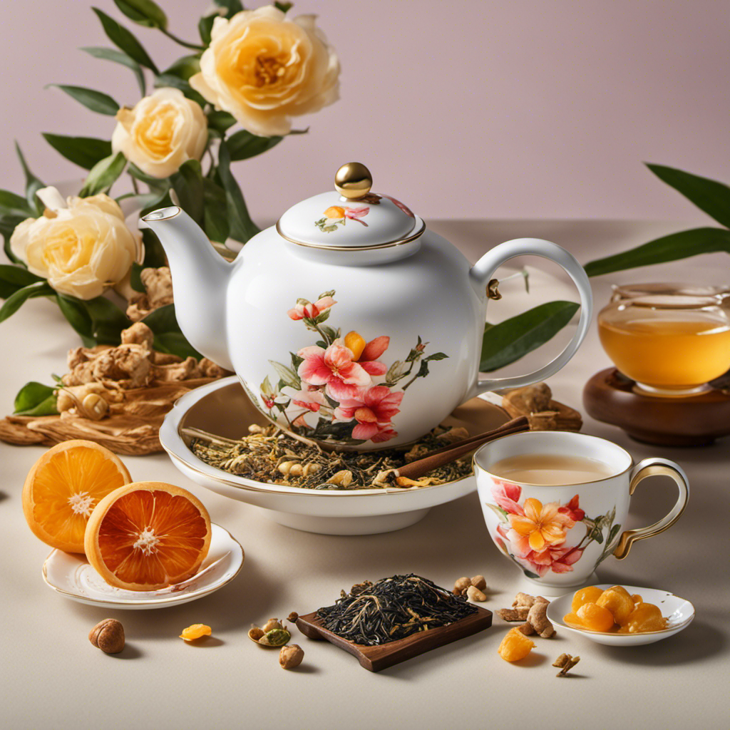 An image showcasing a vibrant teapot pouring delicate oolong tea, accompanied by a selection of exquisite ingredients: blooming jasmine flowers, slices of fresh ginger, dried apricots, and a hint of honey