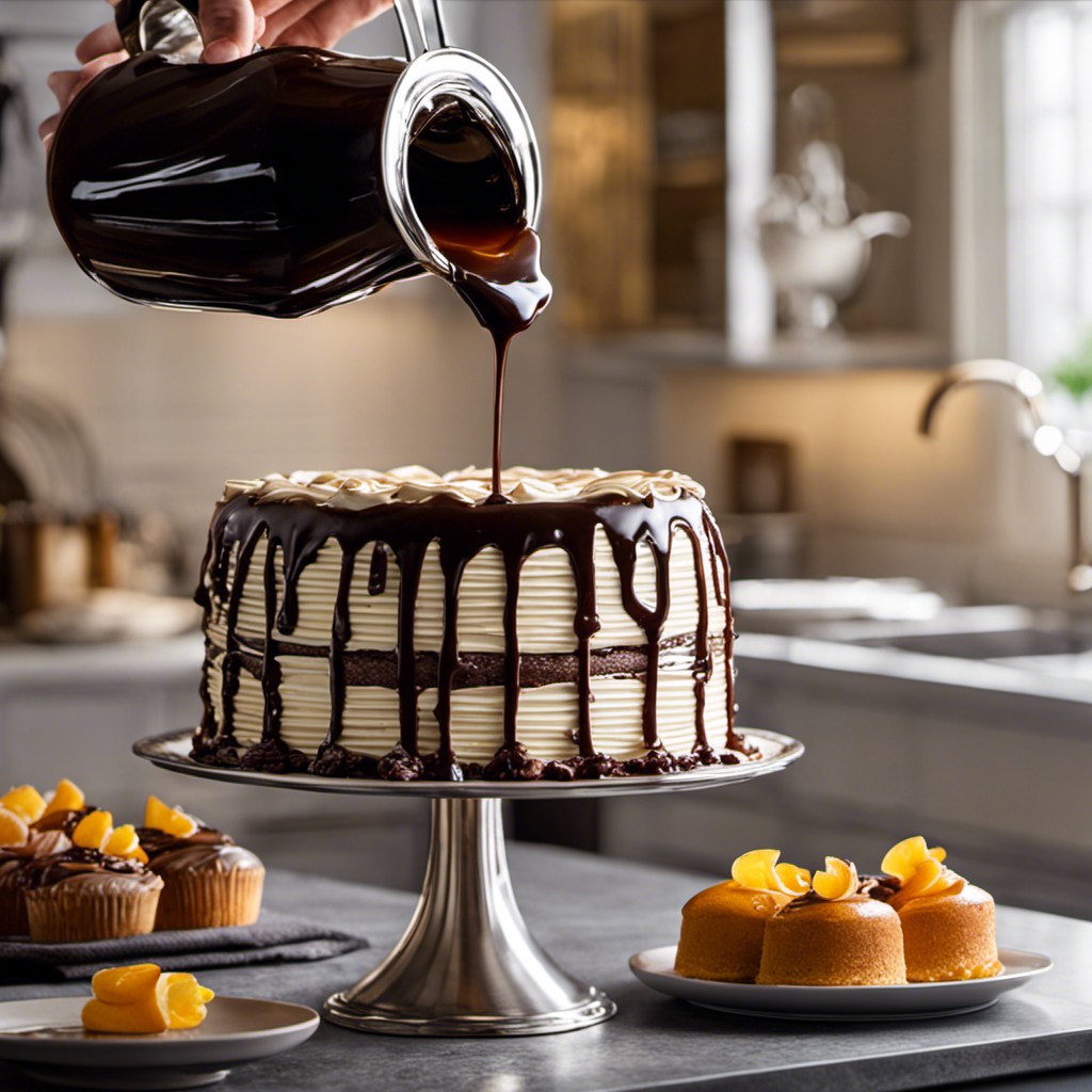 An image showcasing a luscious cake being baked, with a baker pouring a rich, dark chocolate syrup onto the batter instead of coffee-flavored liqueur