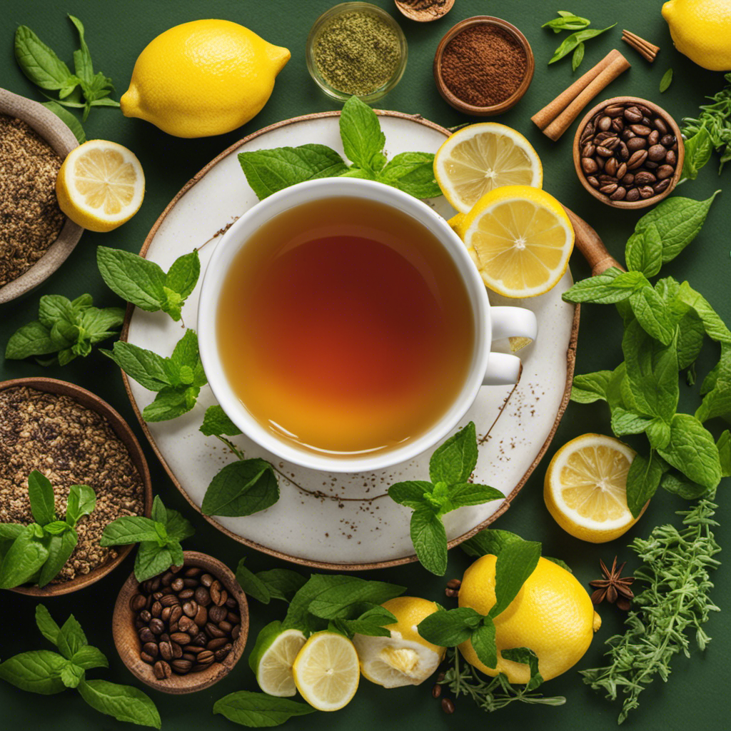 An image showcasing a steaming cup of herbal tea, surrounded by vibrant green leaves and fresh ingredients like lemon, mint, and ginger, offering an enticing visual guide on delightful coffee alternatives