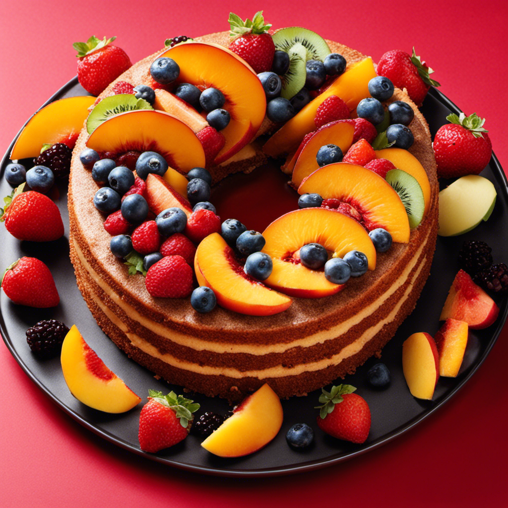 An image showcasing a luscious coffee cake with an assortment of vibrant and tempting fruit alternatives, such as succulent berries, juicy diced peaches, and caramelized apple slices, replacing traditional candied fruit