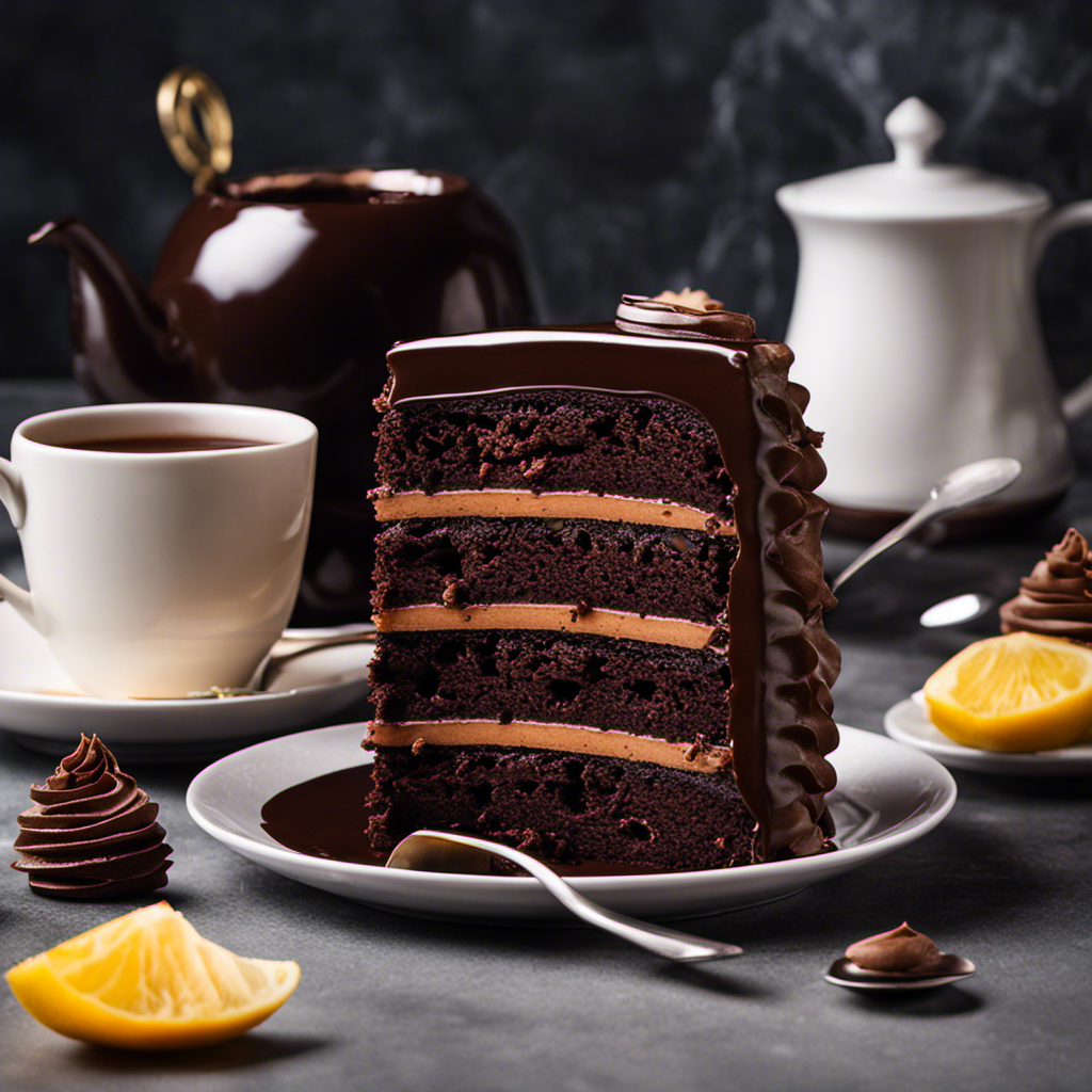 An image showcasing a slice of decadent chocolate cake with a rich, velvety texture, topped with a luscious layer of chocolate ganache, accompanied by a steaming cup of aromatic herbal tea