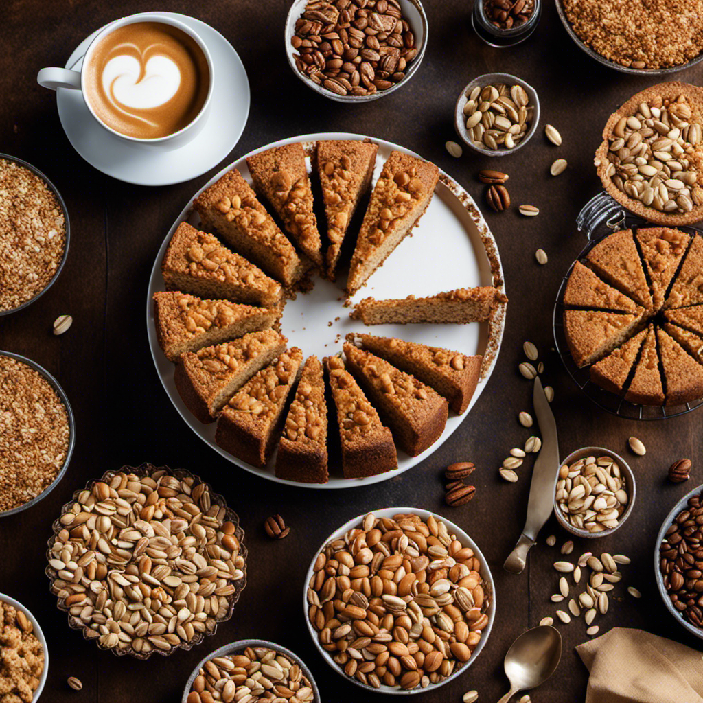 An image showcasing a slice of delicious coffee cake topped with a generous sprinkle of crunchy toasted sunflower seeds, adding a delightful nutty flavor and texture that perfectly substitutes for traditional nuts
