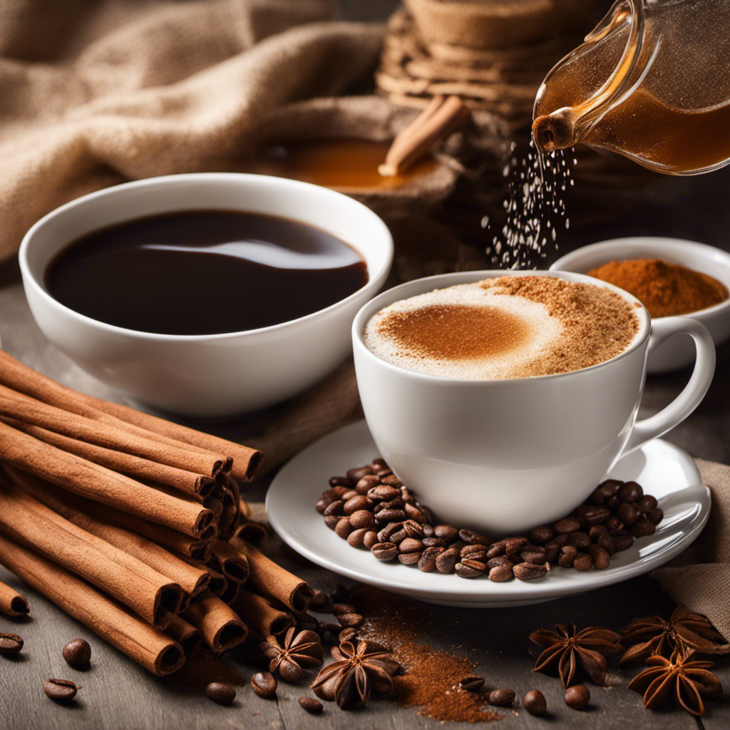 An image showcasing a steaming cup of coffee, with a delicate stream of honey being poured in, next to a bowl of cinnamon sticks and a jar of coconut sugar