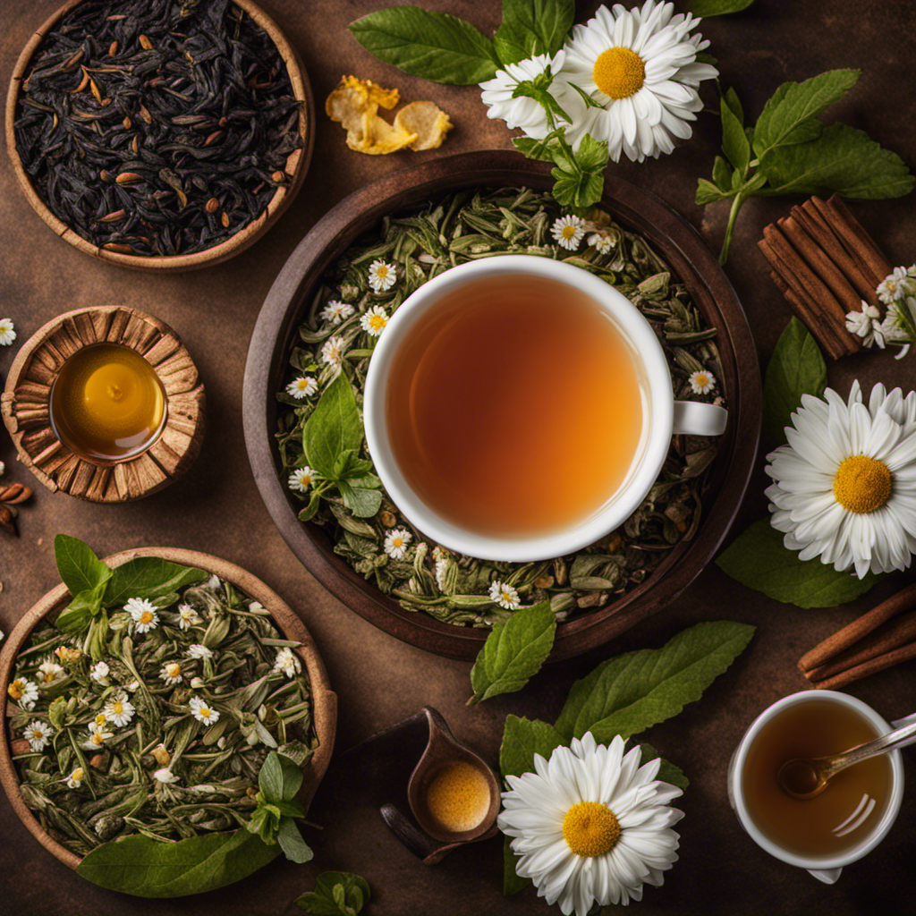 A captivating image showcasing a serene cup of herbal tea, gently steaming, surrounded by a variety of stomach-soothing alternatives like almond milk, chamomile, ginger, and peppermint leaves